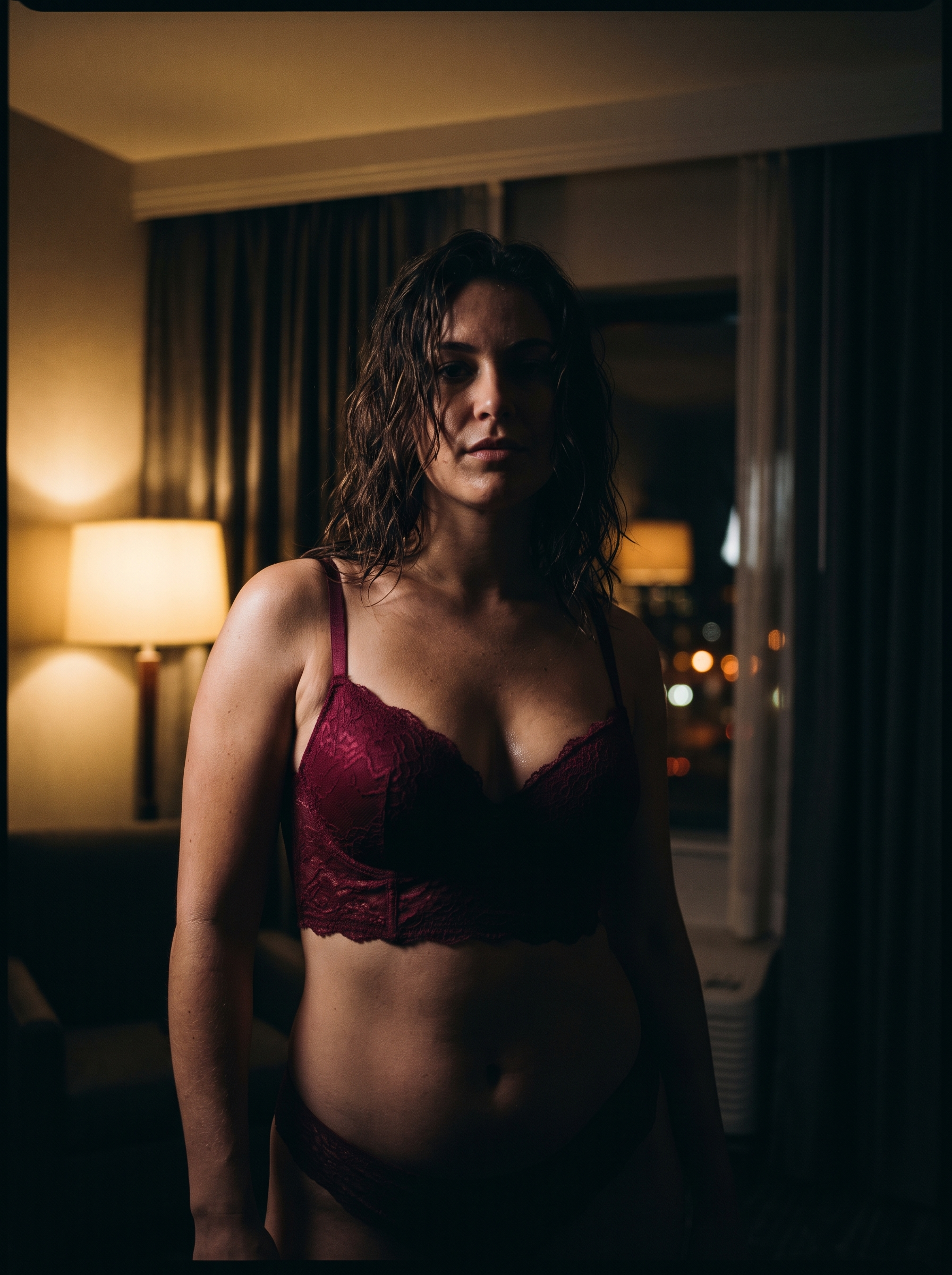 Model wearing the Wine Lace Longline Bra by AZADEH